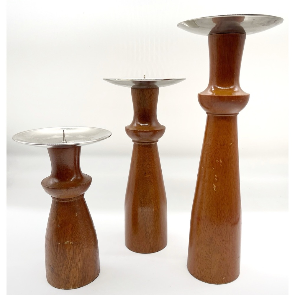 Set of 3 Target Wooden Teak Pillar Candle Holders MCM Inspired
